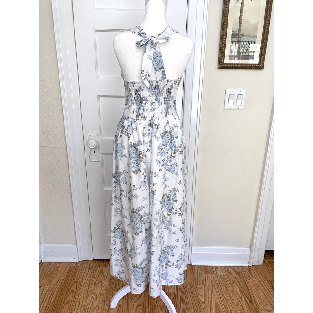Floral Halter Sun Dress XS Coquette Blue White Sweetheart V-Waist Cottagecore - Picture 5 of 16
